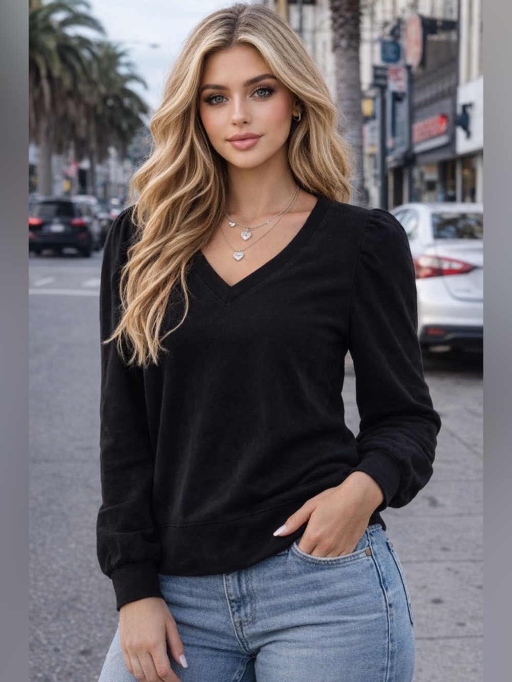 Contemporaine Black Puff Sleeve V Neck Sweatshirt 100% Cotton XS Small